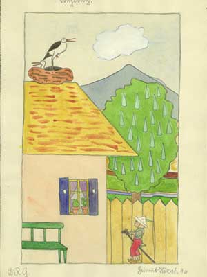 Color drawing of storks in a nest on the roof of a house. A little boy plays in the backyard by a fence.