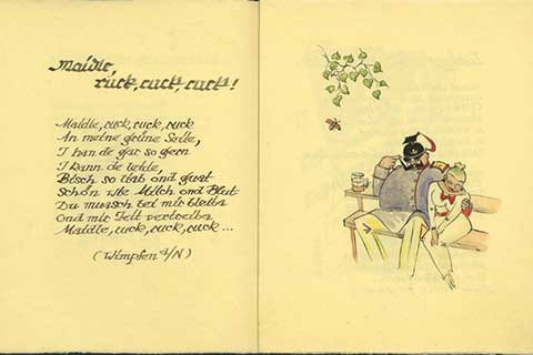 Color drawing of a man and woman sitting at a picnic table near a tree and butterfly. The man wears a helmet and his arm is around the woman.  A glass of beer sits on the table beside him.