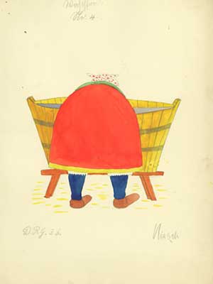 Color drawing of a woman bent over a washtub seen from behind.  She is only visible from the waist down.