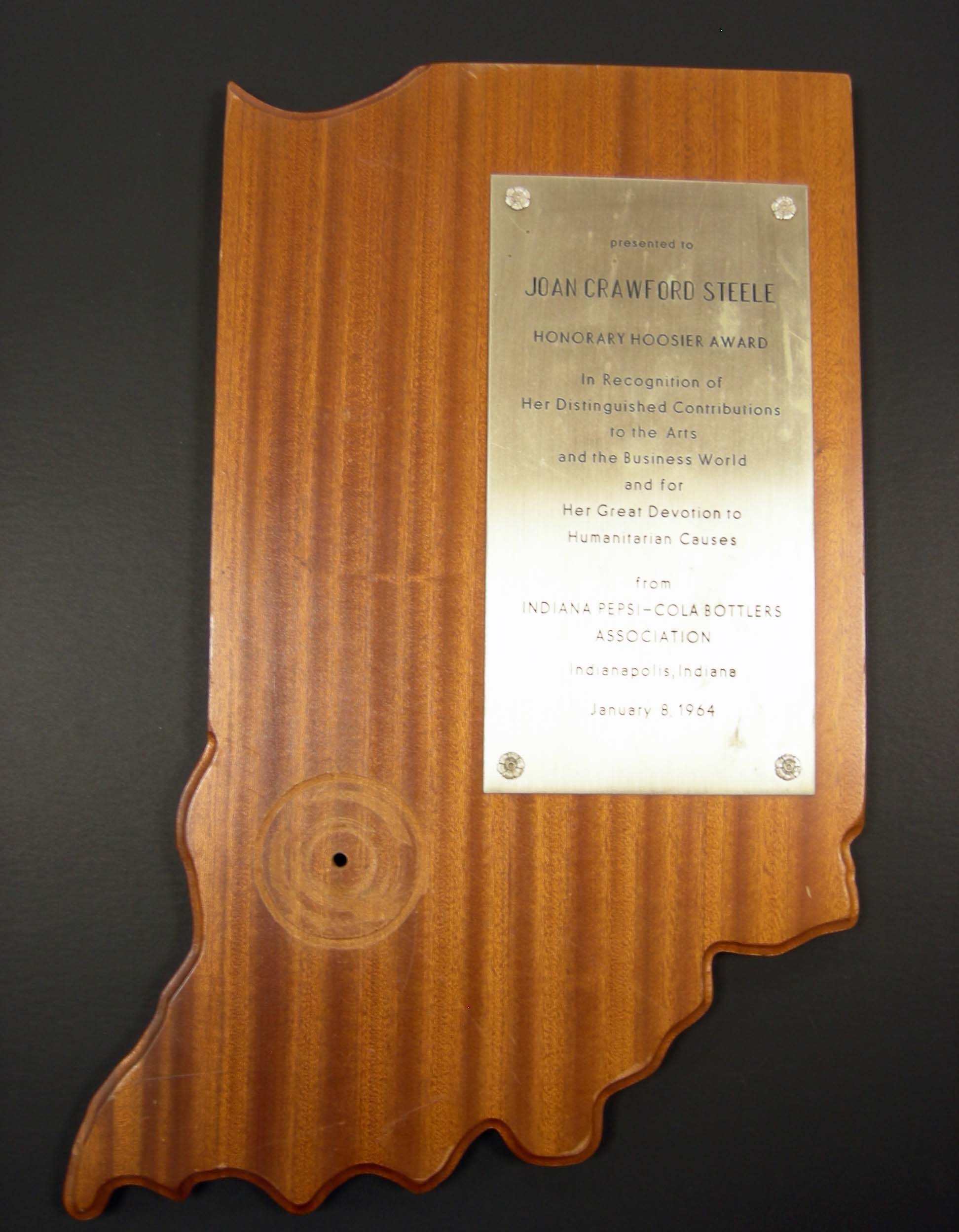 Award plaque in the shape of Indiana