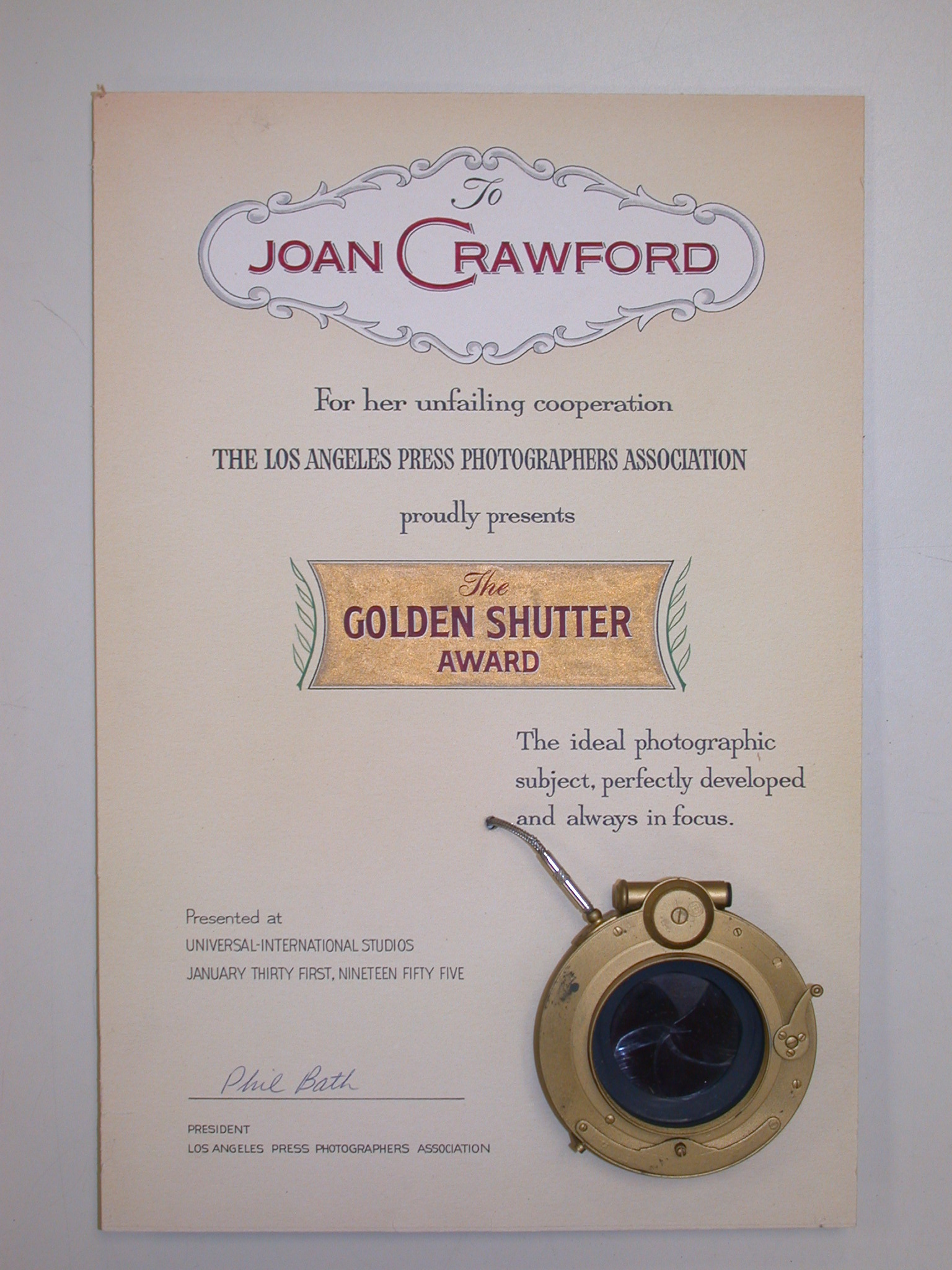 Golden Shutter Award Certificate