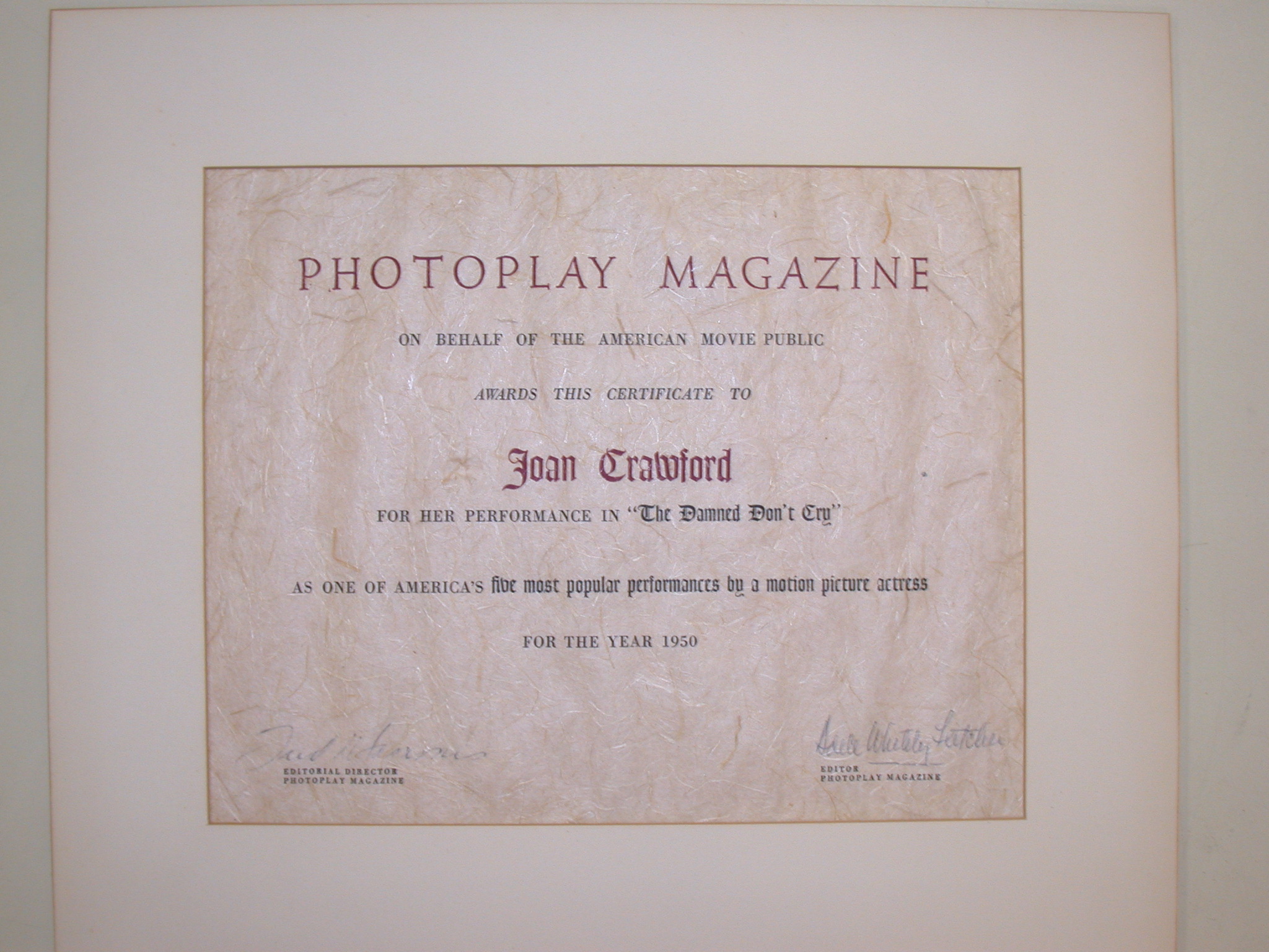 Photoplay Magazine Award certificate