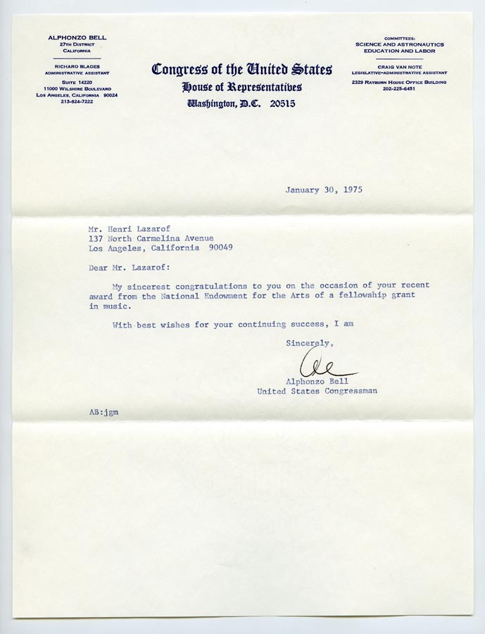 Congressman Bell’s congressional letterhead