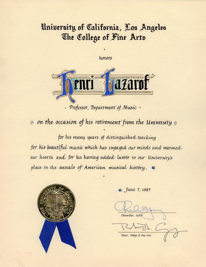 Black text on cream paper; decorated initials; gold foil seal affixed, with blue ribbon