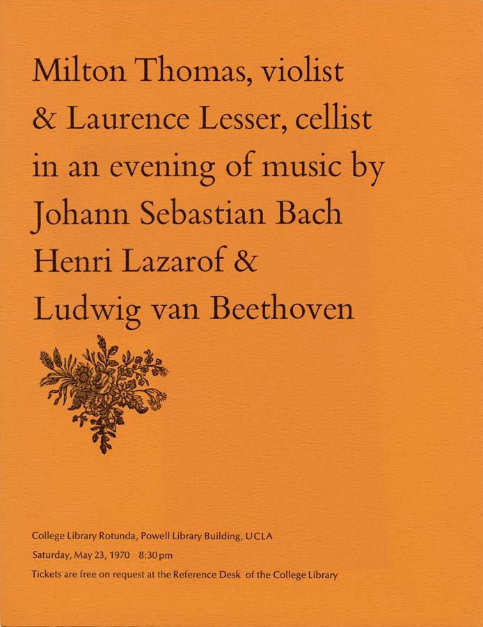 Poster. Black text on orange paper, with drawing of bouquet of flowers