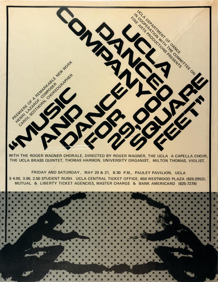 Poster. Top: Black text on cream background; Bottom: Grey background, black dots and stylized drawing of dancers