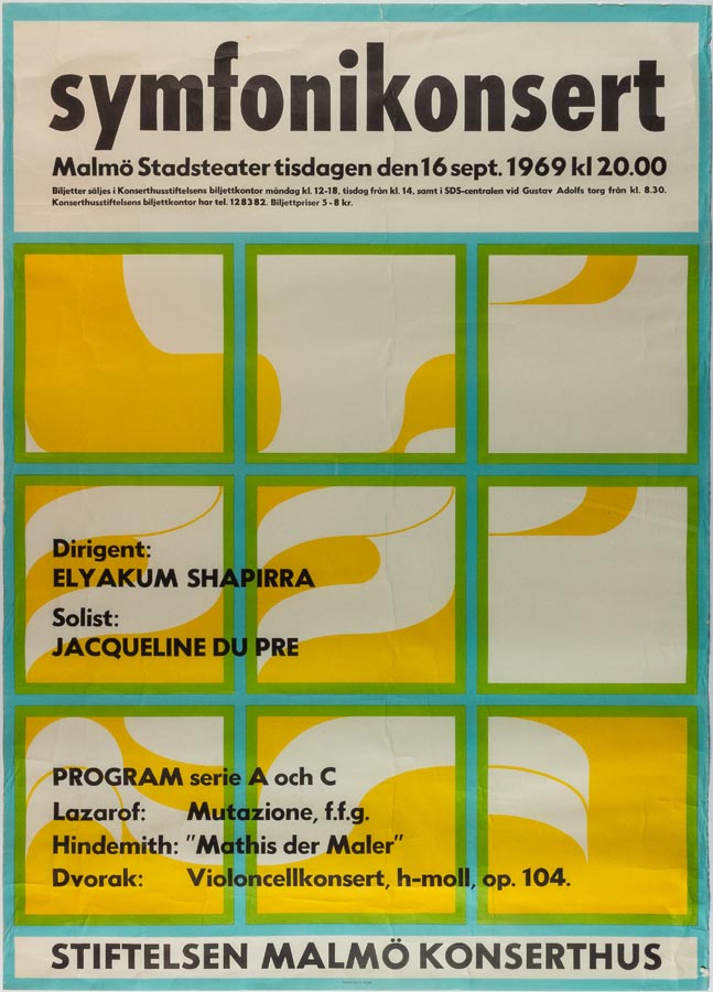 Poster. Text in black on background of grid in blue and green, with white and yellow abstract design