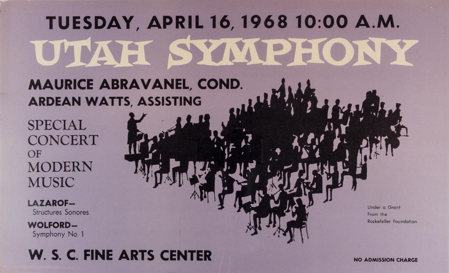 Poster. White and black text on purple paper, with drawing of an orchestra