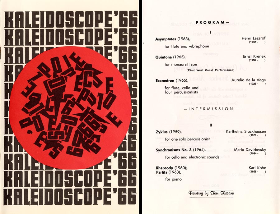 Left: Black block lettering on white background with large red circle; Right: Program listings