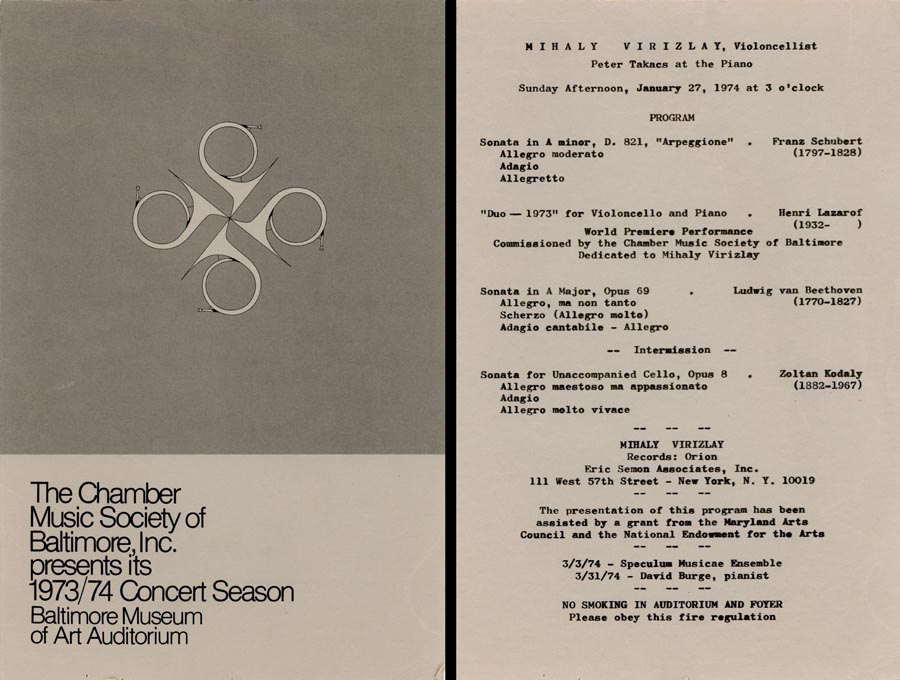 Left: Dark and light grey background with drawing of 4 horns; Right: Program listings