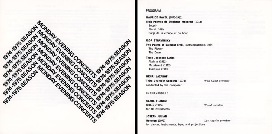 Left: Title text in black, repeated 6x in chevron pattern, on white background; Right: Program listings