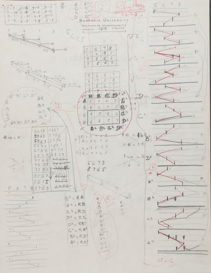 Brandeis letterhead. Charts with letters, numbers, and drawings, indicating musical notation. Odes 2