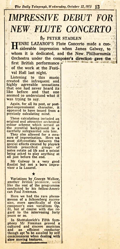Newspaper clipping - Impressive Debut for New Flute Concerto
