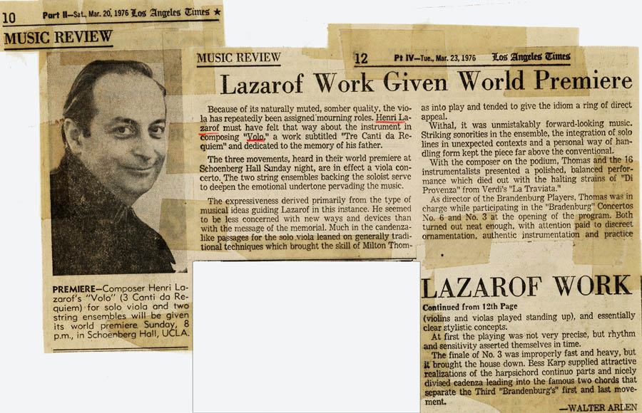 Newspaper clipping - Lazarof Work Given World Premiere