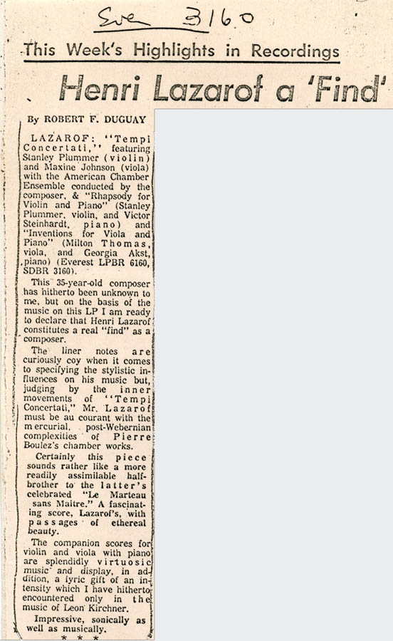 Newspaper clipping - Henri Lazarof: A Find