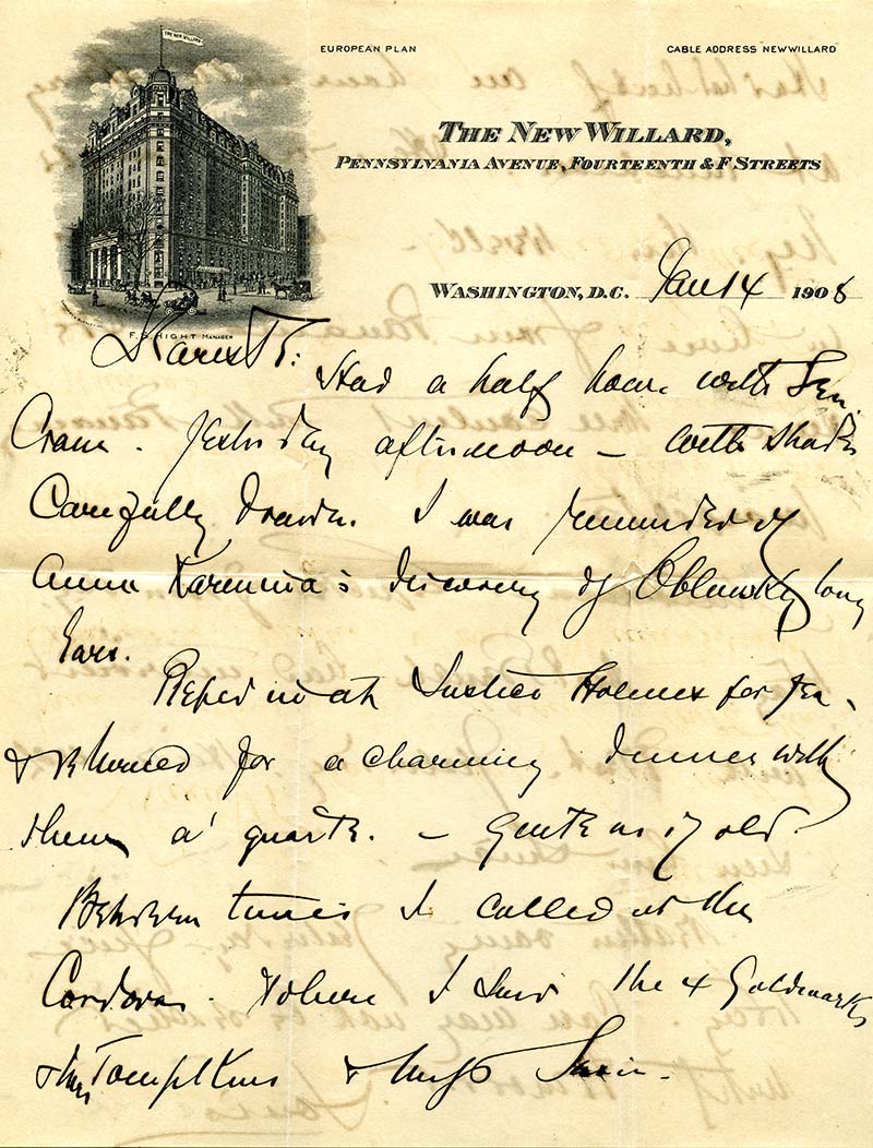 Handwritten black ink letter from Louis Brandeis to his wife, on stationary that includes a black and white illustration of The New Willard building on Pennsylvania Avenue, Fourteenth & F Streets (scan)