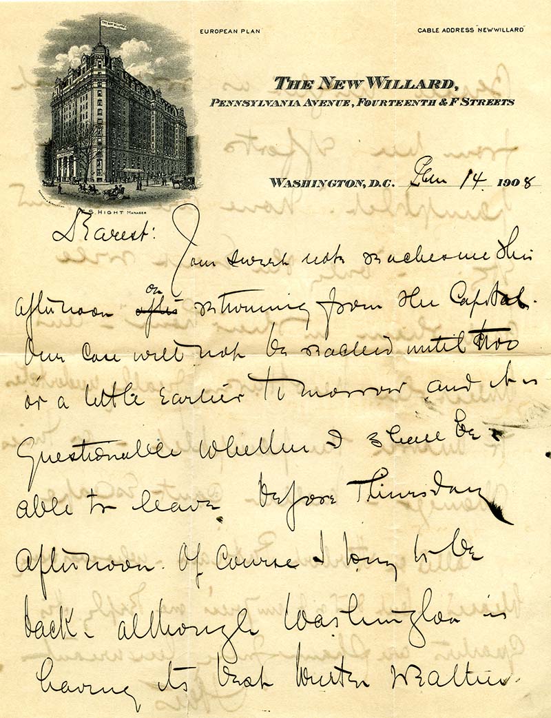 Handwritten black ink letter from Louis Brandeis to his wife, on stationary that includes a black and white illustration of The New Willard building on Pennsylvania Avenue, Fourteenth & F Streets (scan)