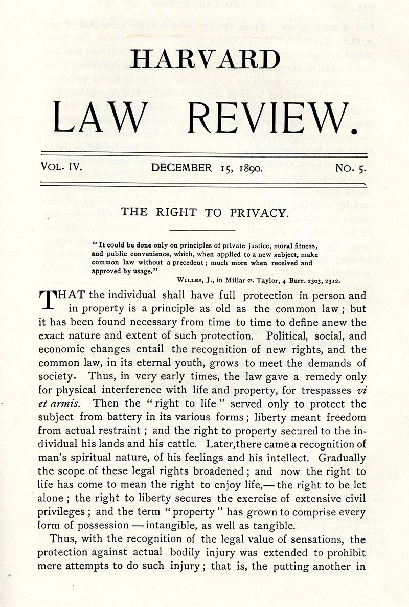 December 15, 1890 issue of the Harvard Law Review with the article 'The Right to Privacy' by Louis D. Brandeis and Samuel D. Warren, Jr.