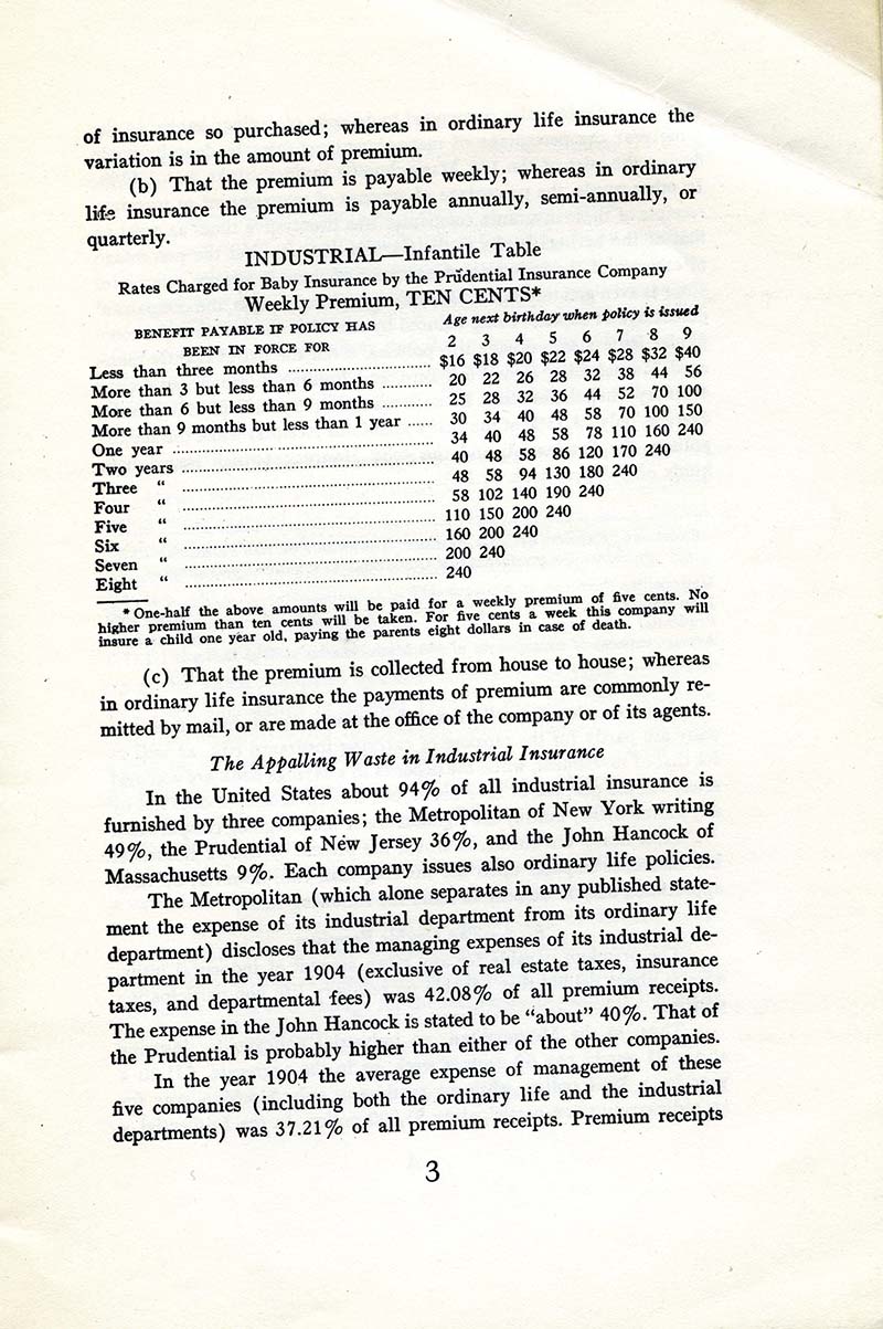 Page from 'Savings Bank Life Insurance: Wage Earners’ Life Insurance' by Louis D. Brandeis, which includes an infantile table of rates charged for baby insurance by the Prudential Insurance Company