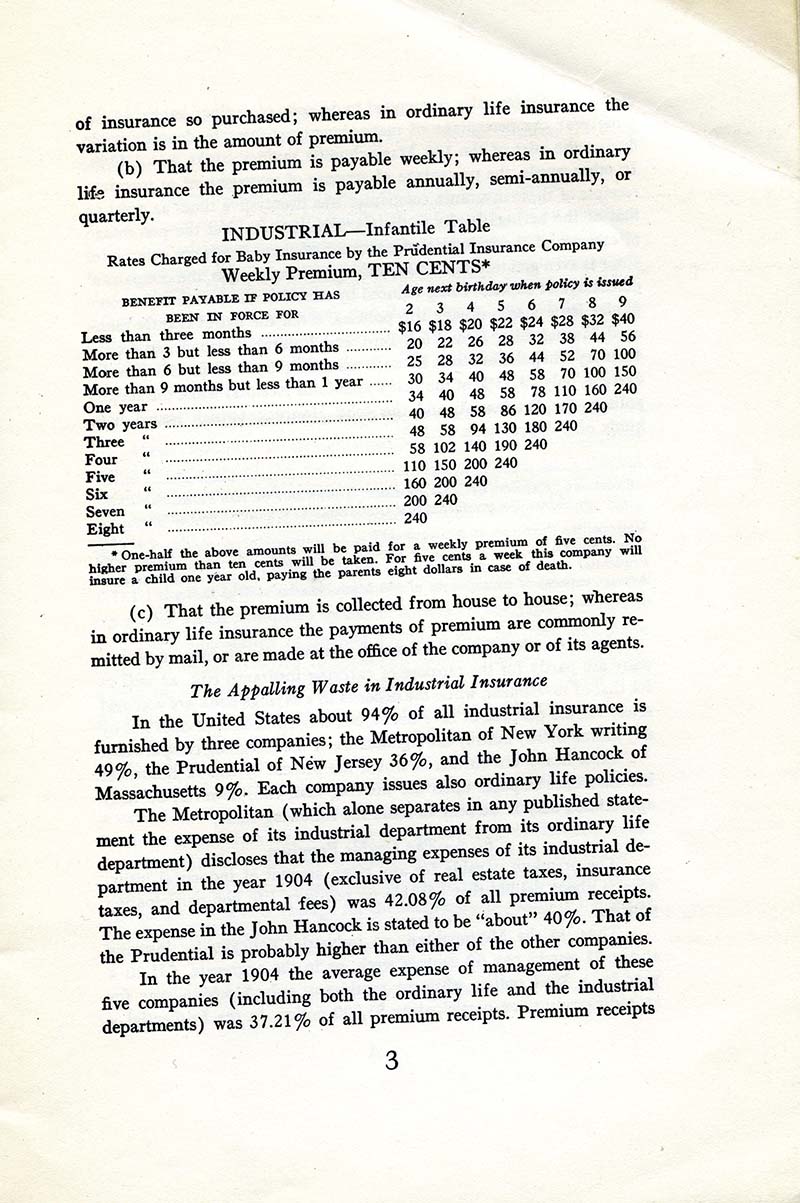 Savings Bank Life Insurance: Wage Earners’ Life Insurance by Louis D. Brandeis, which includes an infantile table of rates charged for baby insurance by the Prudential Insurance Company