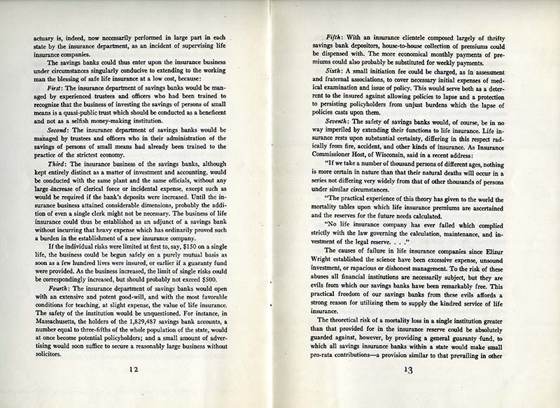 Two pages from 'Savings Bank Life Insurance: Wage Earners’ Life Insurance' by Louis D. Brandeis
