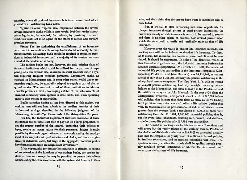 Two pages from Savings Bank Life Insurance: Wage Earners’ Life Insurance by Louis D. Brandeis