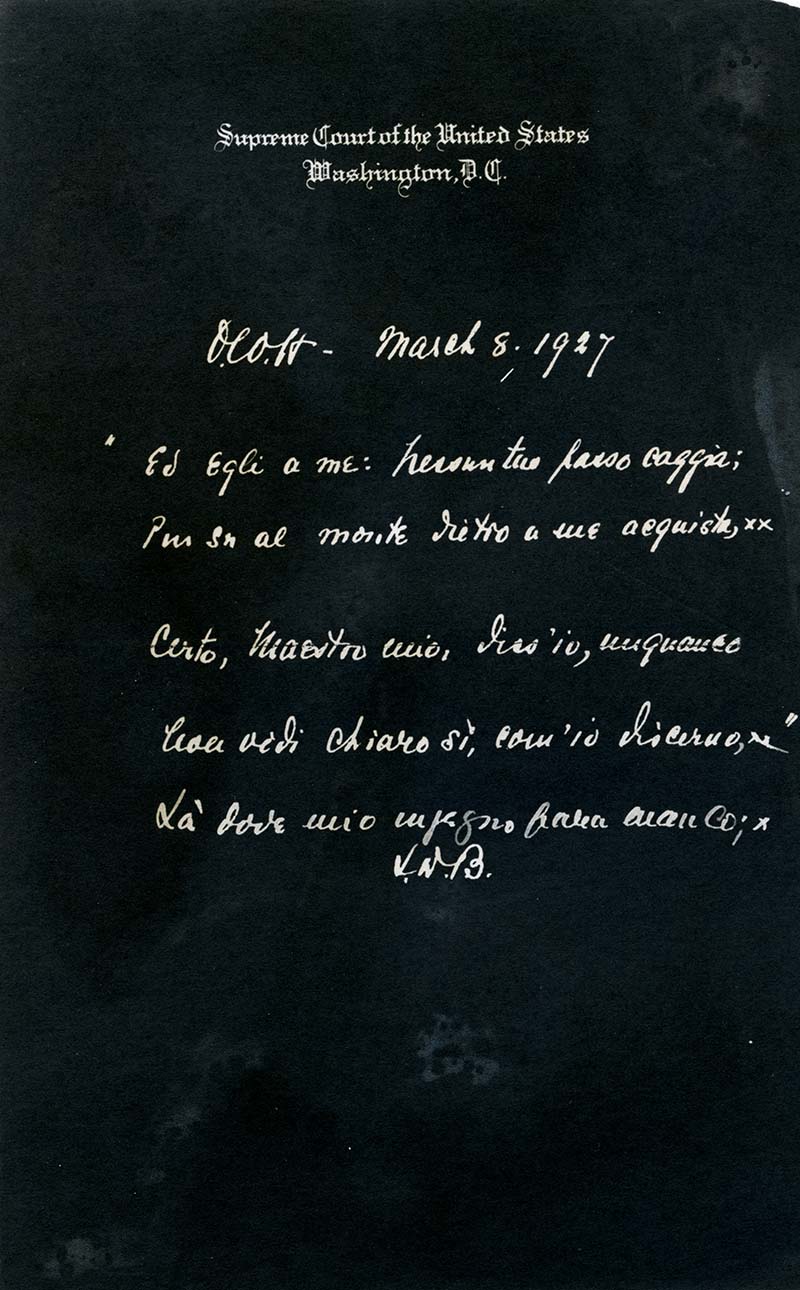 White ink on black paper letter from Louis D. Brandeis to Oliver Wendell Holmes, Jr. written in cursive on 'Supreme Court of the United States Washington, D.C.' stationary (scan)
