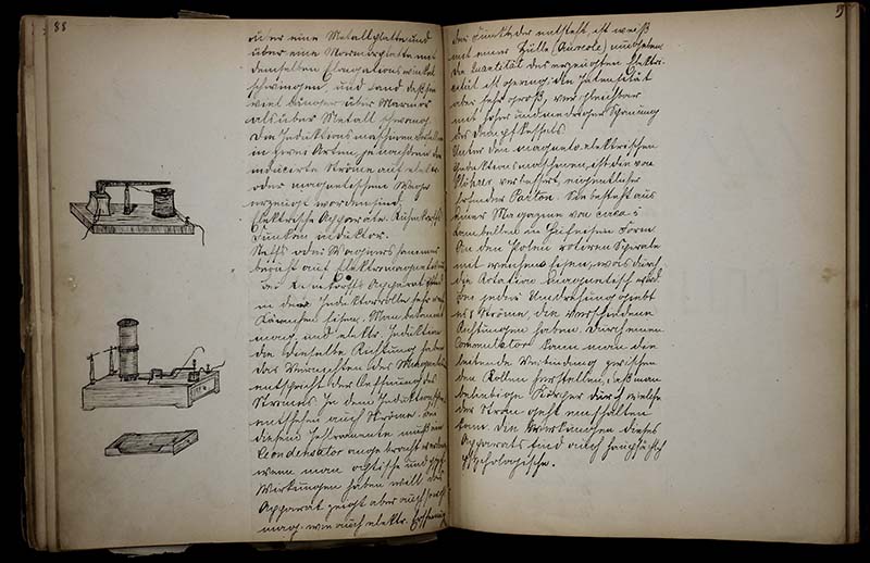 Pages 88 and 89 of Louis D. Brandeis's German notebook, which include German cursive handwriting and two black ink diagrams of cylinder-wood-string contraptions (color photograph)