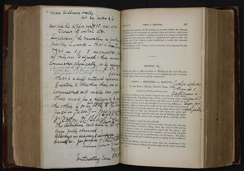 Page 337 of Brandeis's law book with a white lined paper insert for more handwritten notes (photograph). This page includes the start of Section VI on Simon v. Metivier or Motivos.