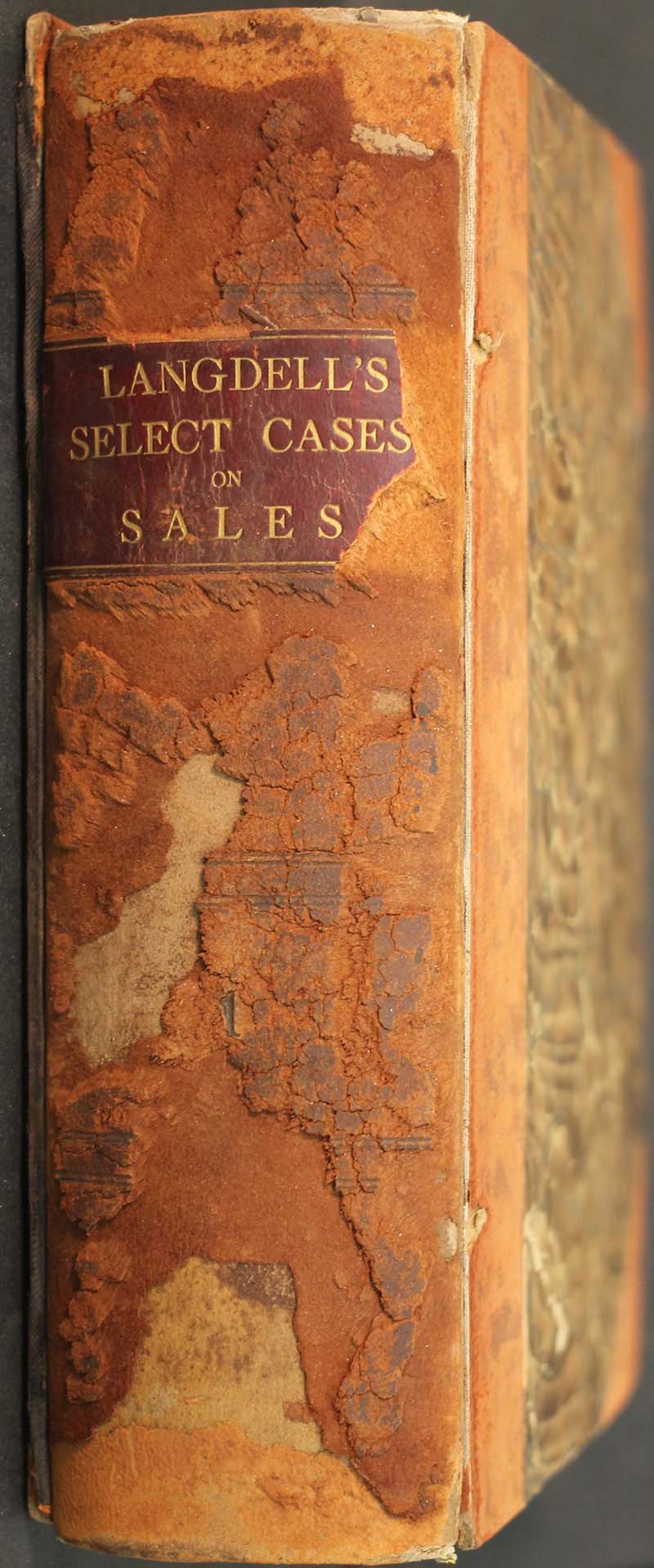 Worn-down, copper colored spine for Brandeis's copy of 'Langdell's Select Cases on Sales' (color photograph)
