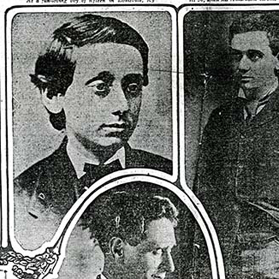 Boston American news issue with black and white photos of Brandeis as a baby, a young boy, and an adult (black and white scan).