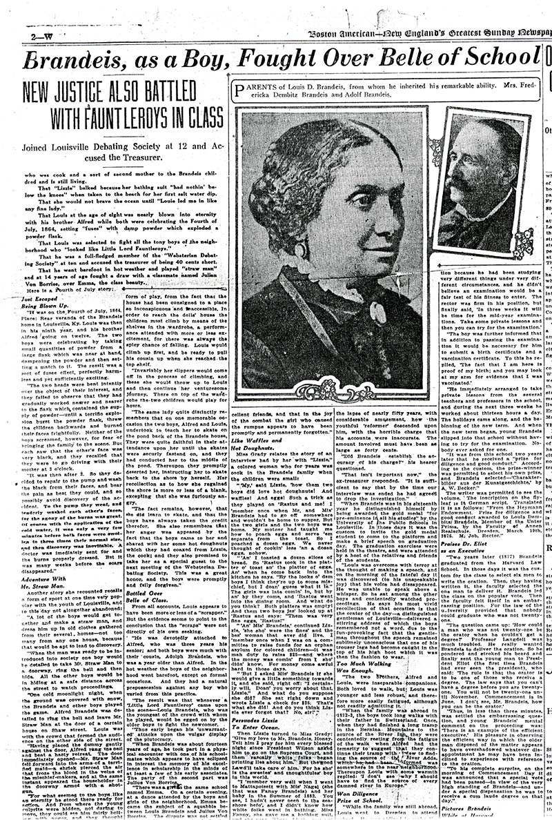 Page from Boston American news that includes a large black and white photograph of Mrs. Fredericka Dembitz and a smaller photograph of Adolf Brandeis (scan). The news issue is dated June 4, 1916.