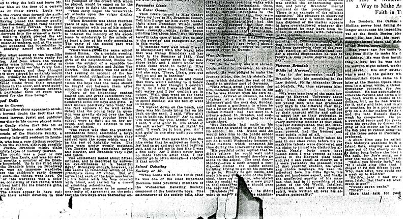 Cropped scan of text from Boston American news article 'Boyhood of Brandeis—An Early View of the Man''