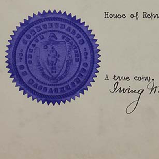 Official, stamped, and sealed resolution from the Commonwealth of Massachusetts