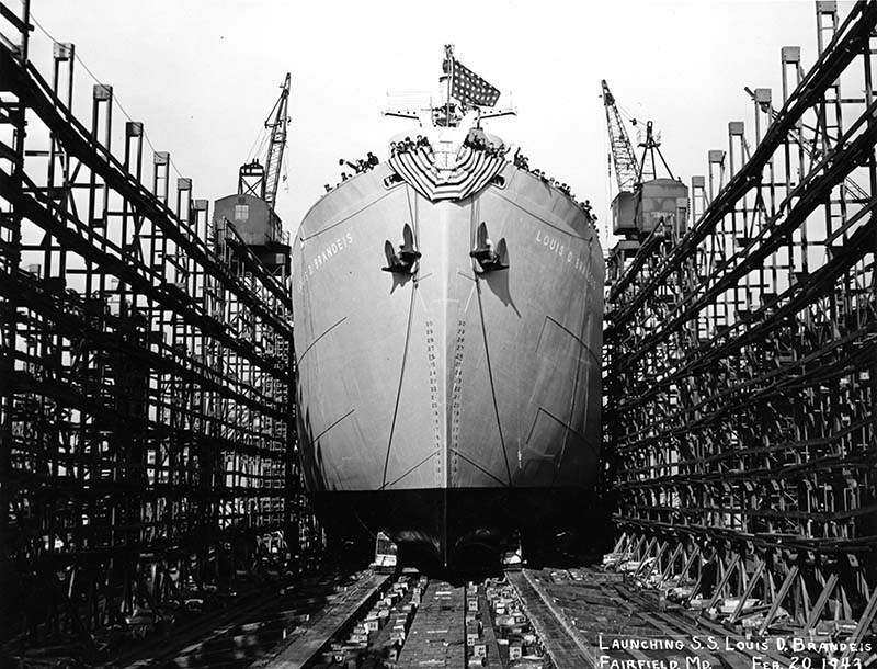 Liberty ship named in honor of Justice Brandeis, the S.S. Louis D. Brandeis, at its launching (black and white photograph).