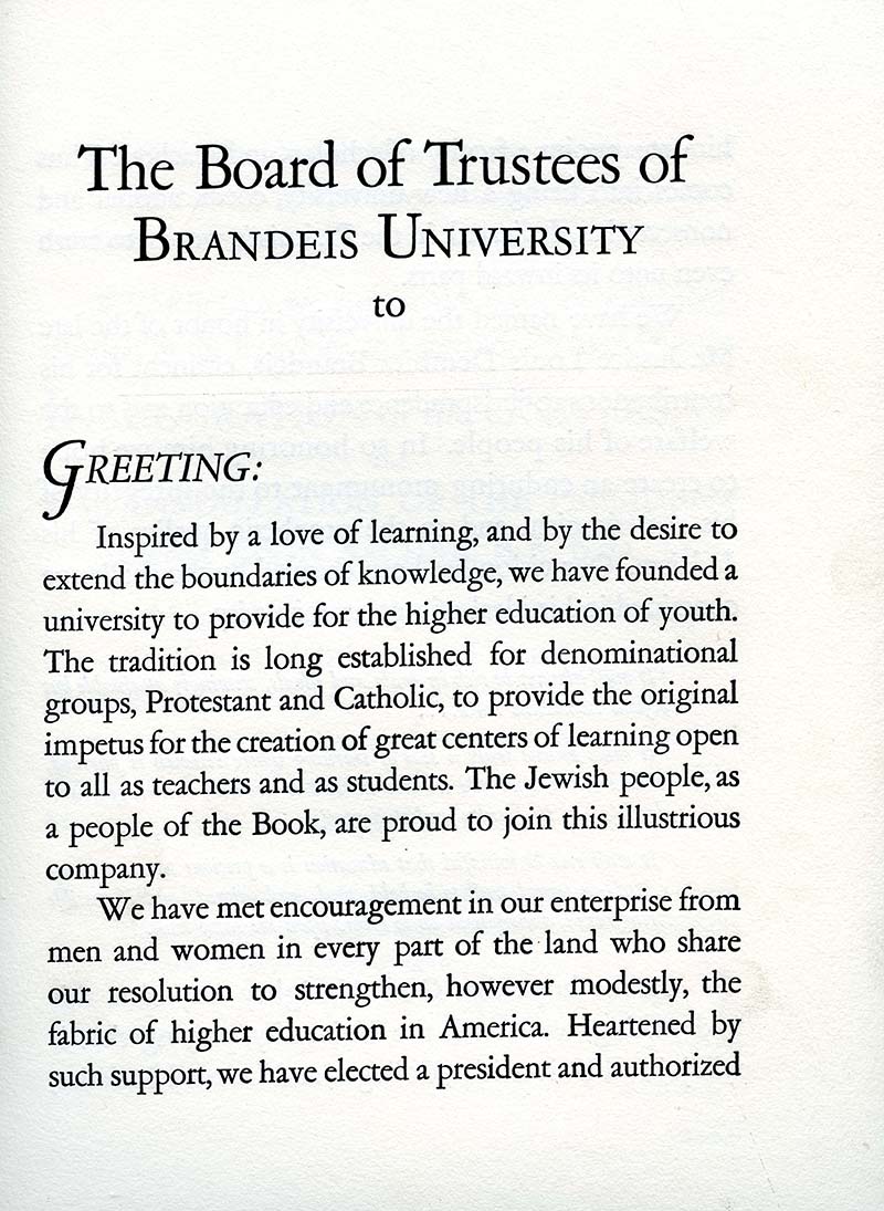 Invitation letter issued by The Board of Trustees of Brandeis University and signed by George Alpert and Norman S. Rabb