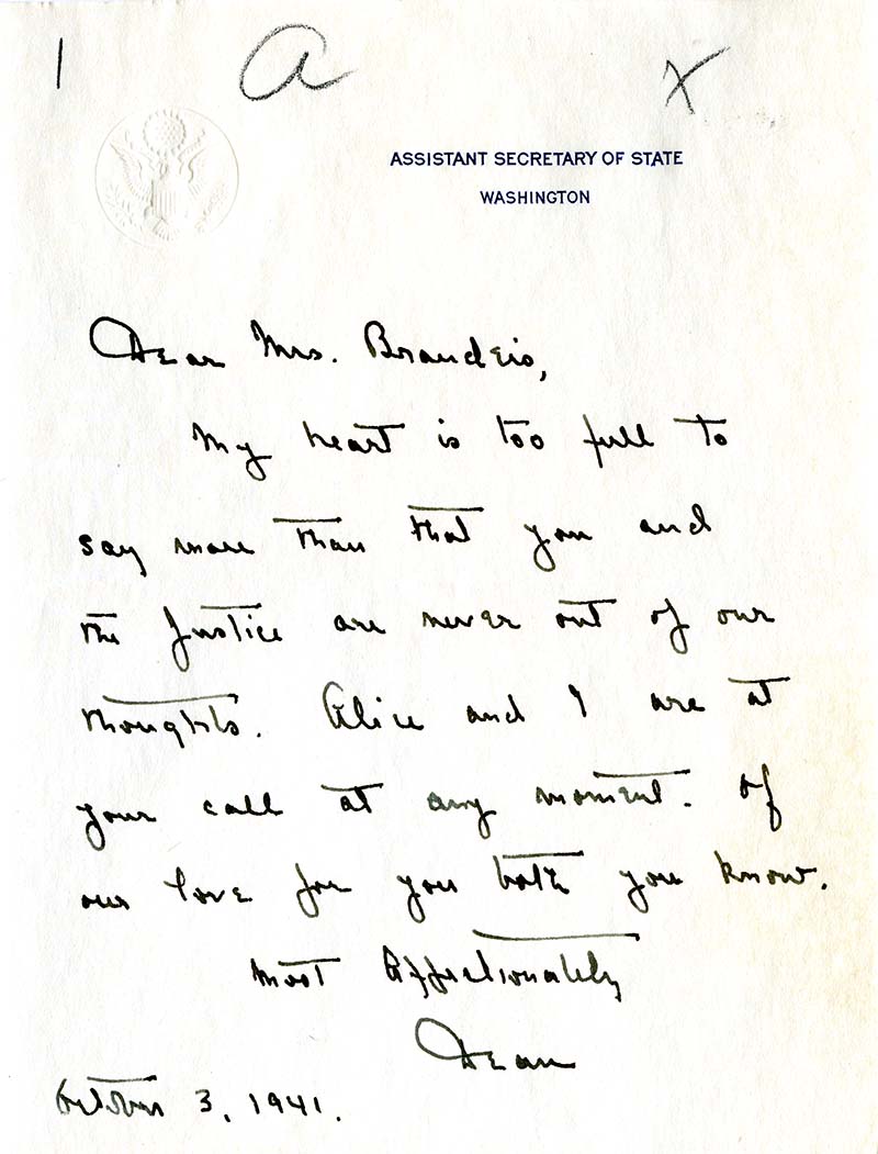 Handwritten letter on Assistant Secretary of State Washington D.C. stationary to express condolences for Louis D. Brandeis's death (scan)