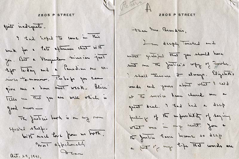 Handwritten letter on '2805 P Street' stationary to express condolences for Louis D. Brandeis's death (scan)