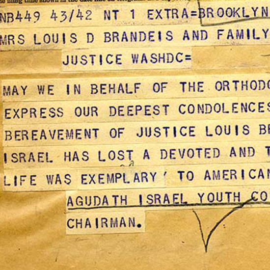 Western Union telegram sent by Agudath Israel Youth Council Chairman Michael G. Tress to express condolences for Louis D. Brandeis's death