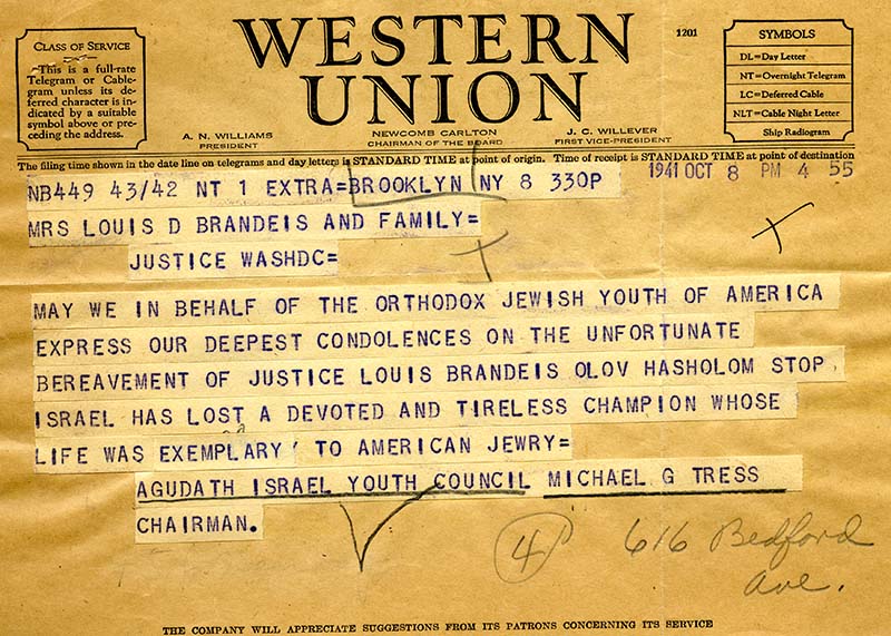 Typed Western Union telegram sent by Agudath Israel Youth Council Chairman Michael G. Tress to express condolences for Louis D. Brandeis's death (scan)