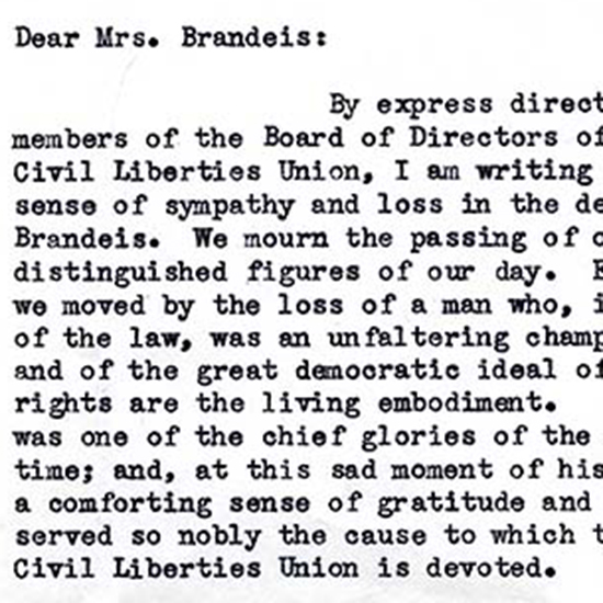 The Chairman sending condolences for Louis D. Brandeis's death