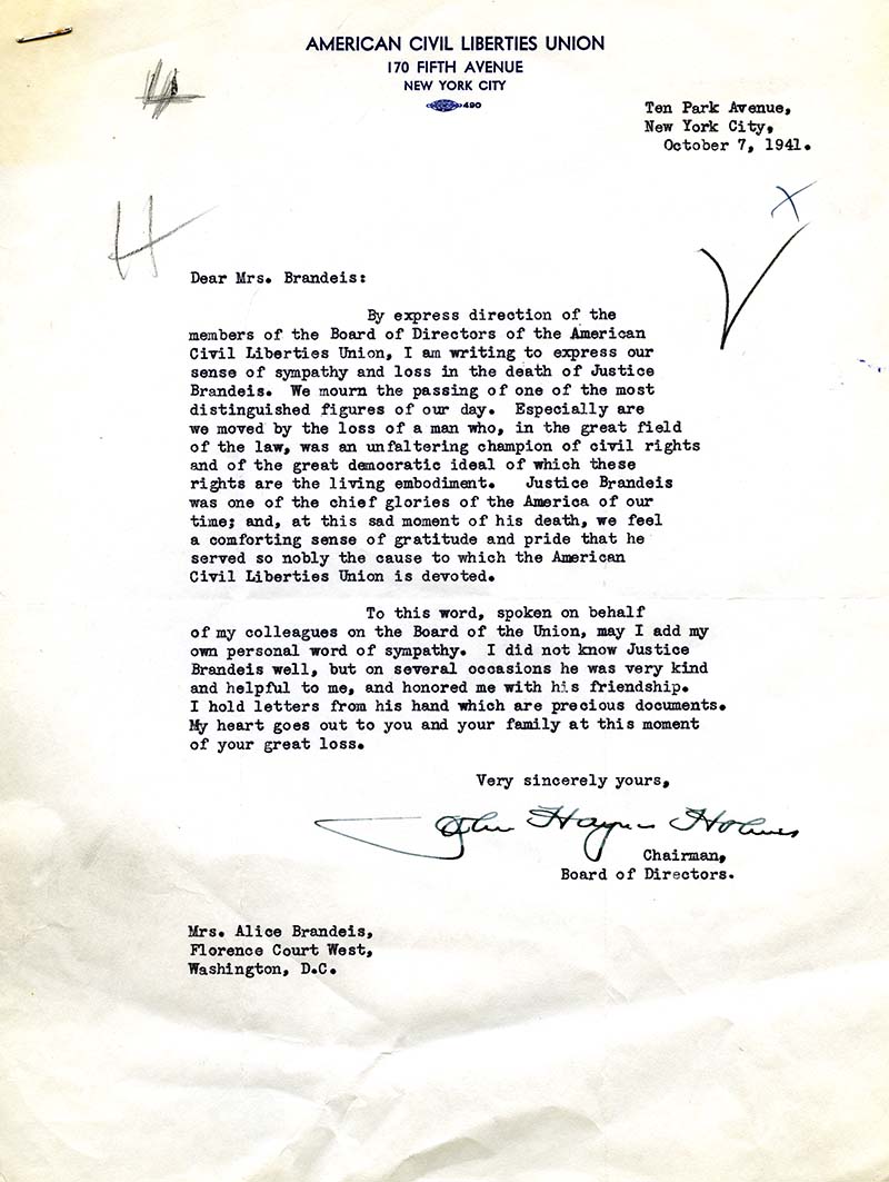 Typed letter from Chairman for the American Civil Liberties Union Board of Directors sending condolences for Louis D. Brandeis's death, signed in black ink (scan)
