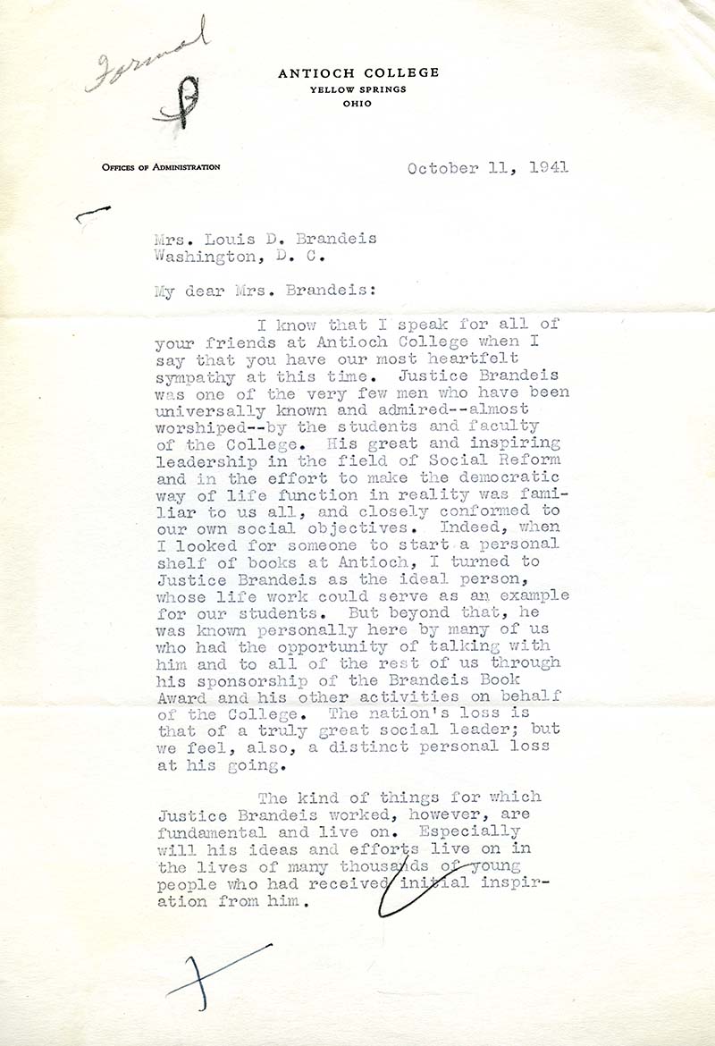 Typed letter on Antioch College Offices of Administration stationary expressing condolences for Louis D. Brandeis's death (scan)