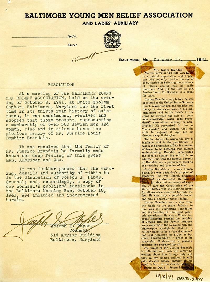 Joseph I Paper's letter is dated October 15, 1941 and the newspaper clipping is from October 10, 1941 by the same author. There is a handwritten, indistinguishable word under the Association's insignia.