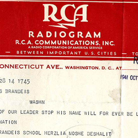 Red and white RCA radiogram with illustrations of map projections and a typed message of condolences for Louis D. Brandeis's death
