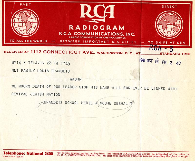 Red and white RCA radiogram with illustrations of map projections and a typed message of condolences for Louis D. Brandeis's death (scan)