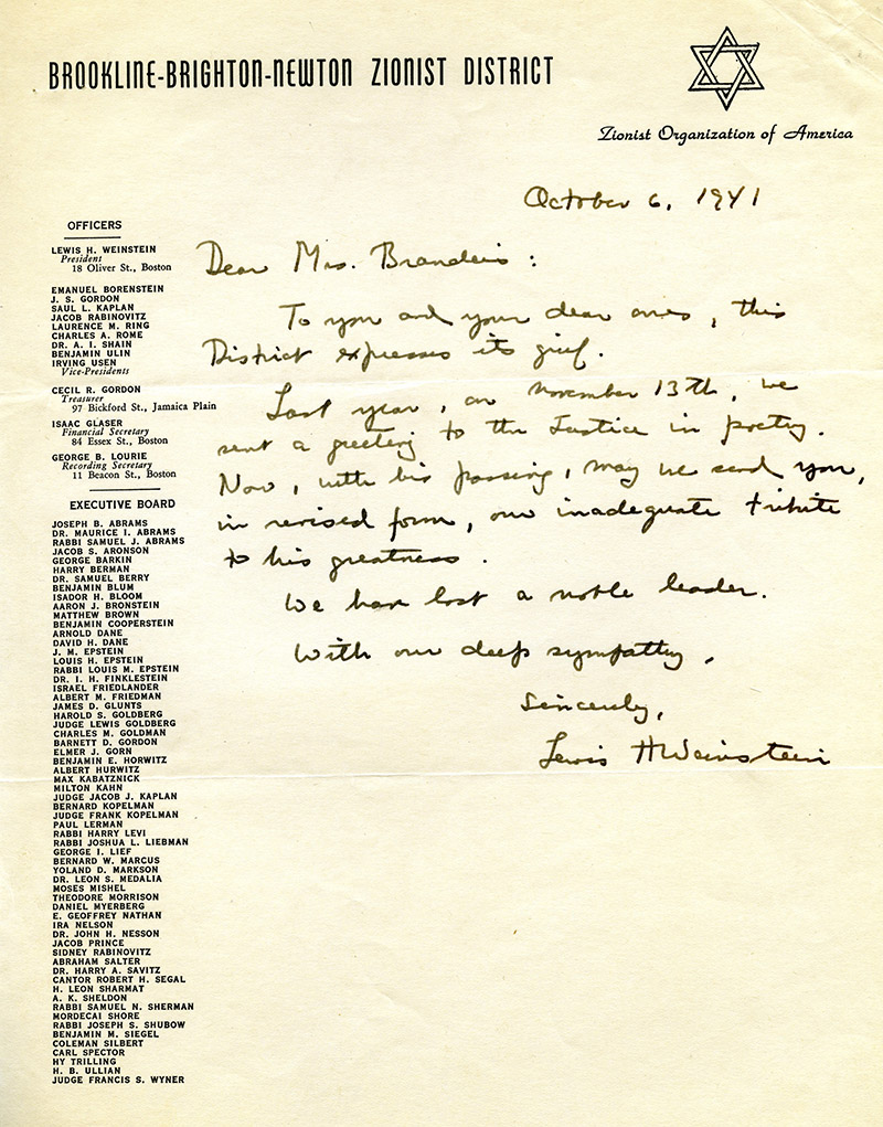 Lewis H. Weinstein's condolences for Louis D. Brandeis's death handwritten on Brookline-Brighton-Newton Zionist District stationary (scan)