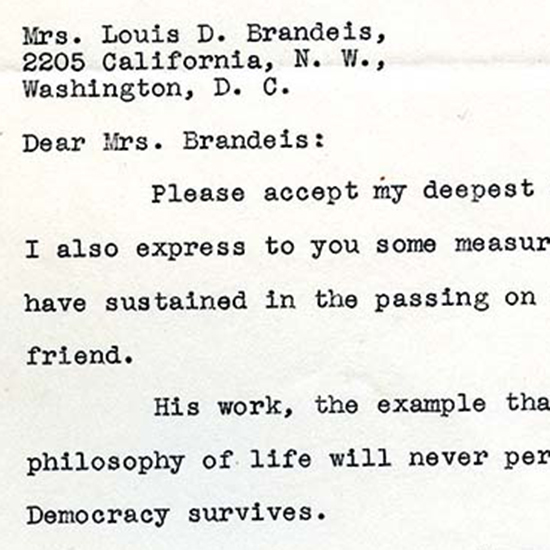 letter of condolences signed by Counsel Crichton Clarke in regards to Louis D. Brandeis's death