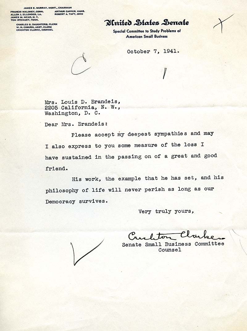 Typed up letter of condolences signed by Counsel Crichton Clarke in regards to Louis D. Brandeis's death (scan)