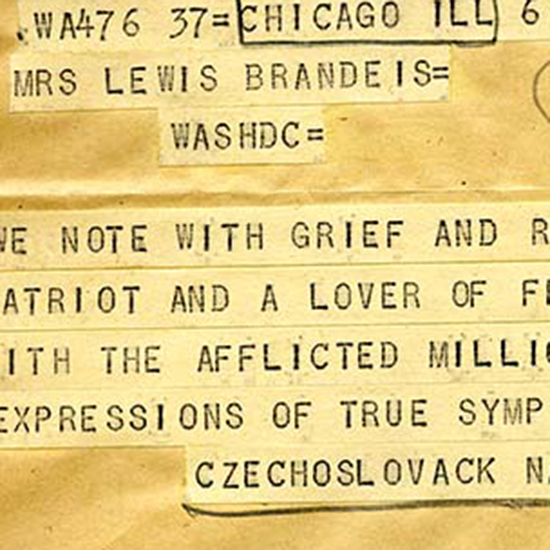 Western Union telegram expressing condolences for Louis D. Brandeies's death